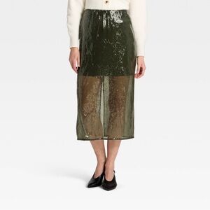 NWOT A NEW DAY Sequin Midi Skirt - Olive Green - Size Small